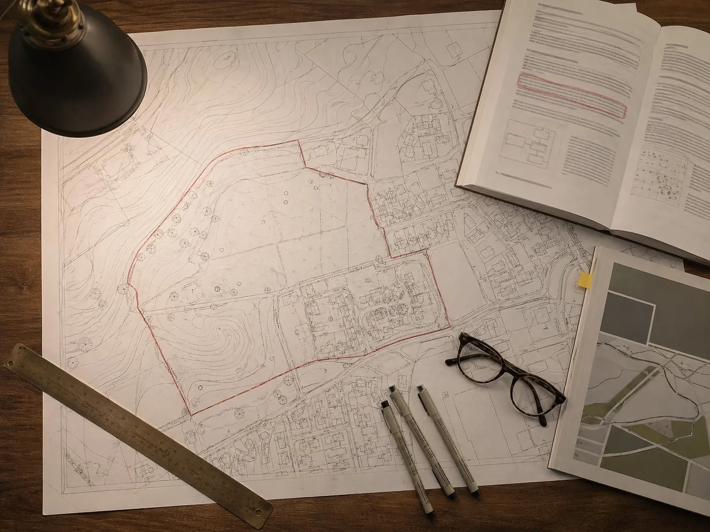 A professional reviewing evidence at the desk.