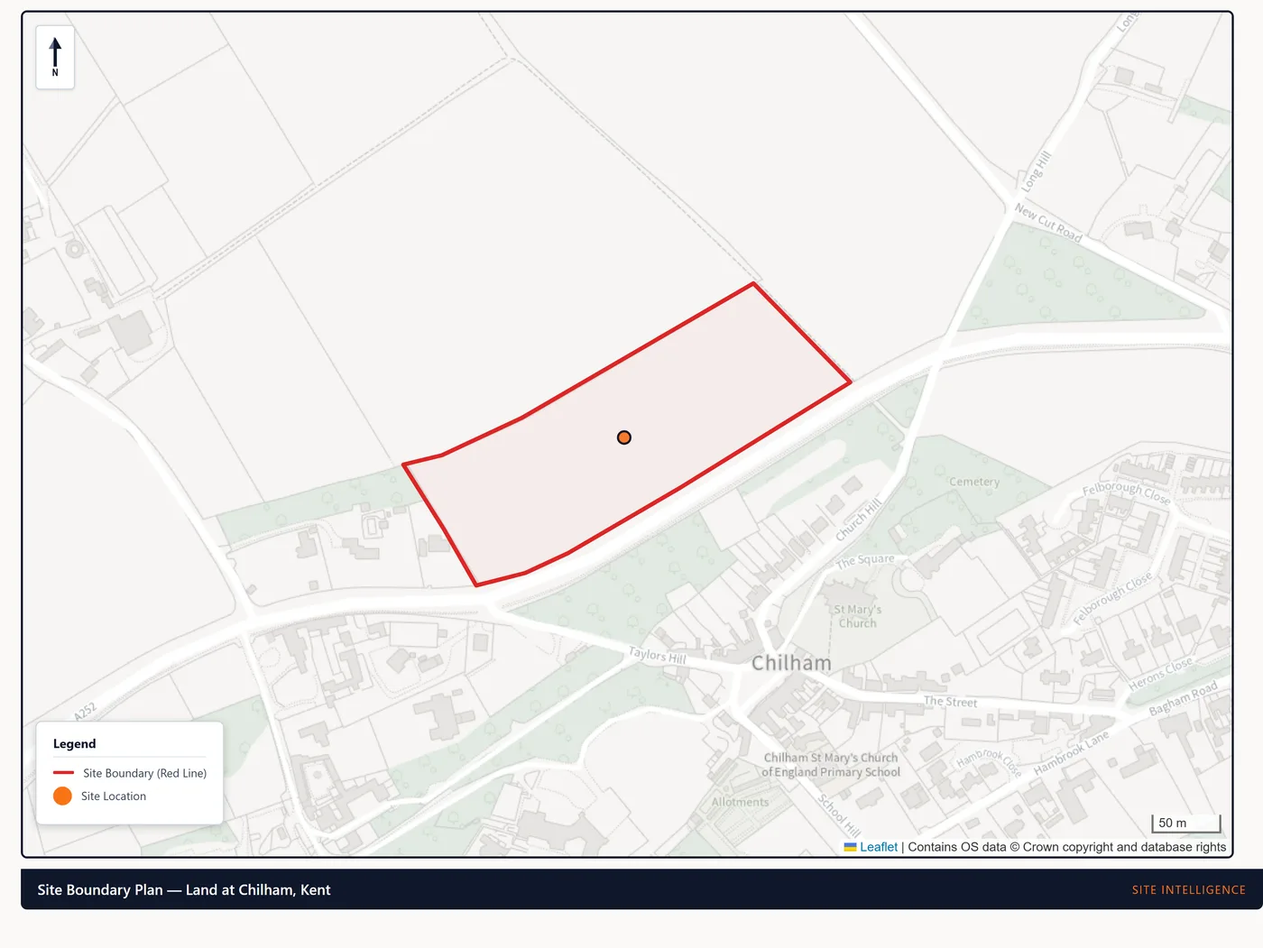 Red-line site boundary on Ordnance Survey mapping — real render for a demonstration site at Chilham, Kent