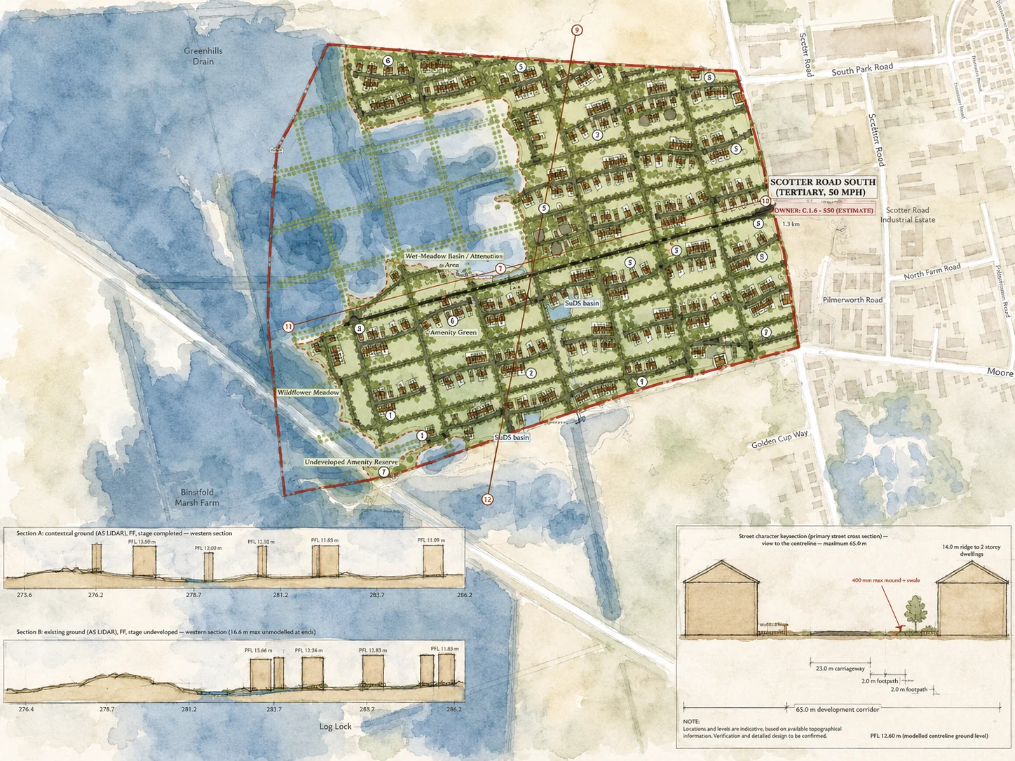Watercolour masterplan drawing of a residential site layout, showing streets, plots, drainage basins, wildflower meadow and open space