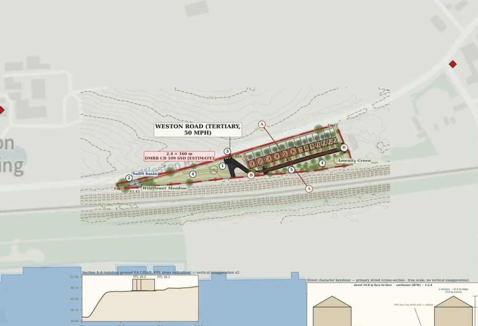 Indicative site layout plan for a 13-plot residential scheme showing plot positions, visibility splay, SuDS basin and amenity green