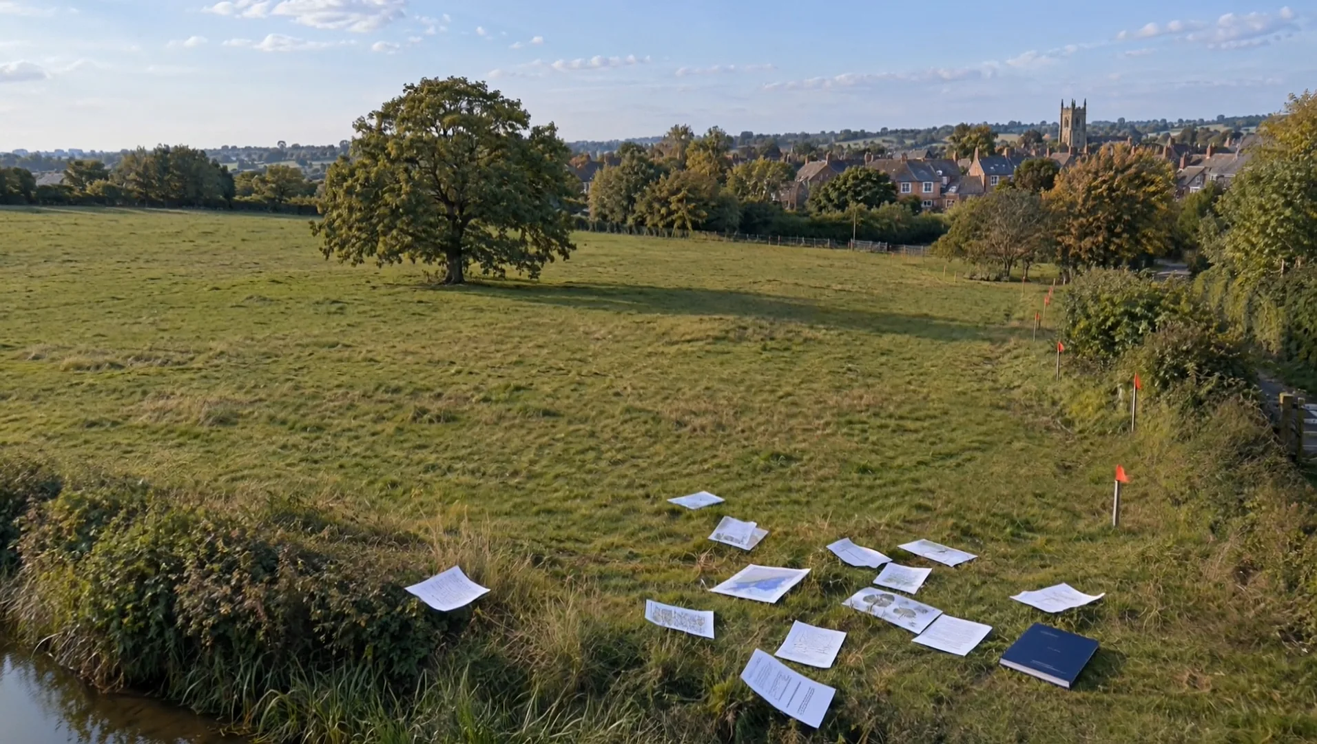 Illustrative generated scene: one field seen from the same spot at each stage, from survey to four finished homes