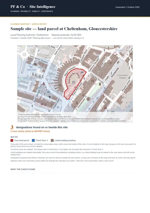 Page one of the free site check, shown as an example of the house style