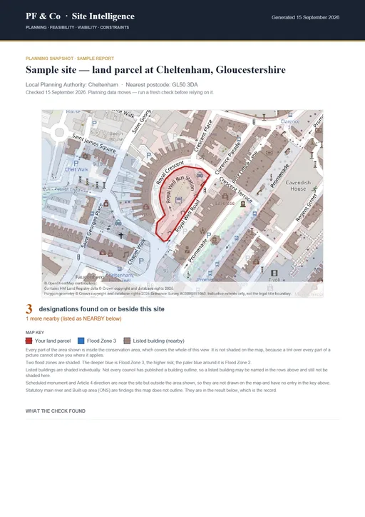 Page one of the free site check, shown as an example of the house style